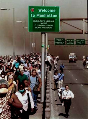 People fleeing on the Brooklyn Bridge