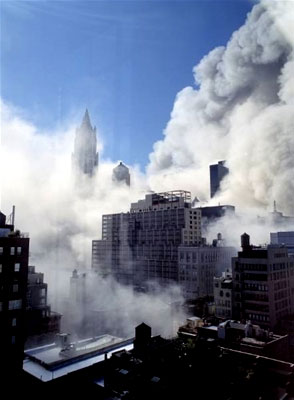 A large dust cloud appears after the World Trade Center collapses