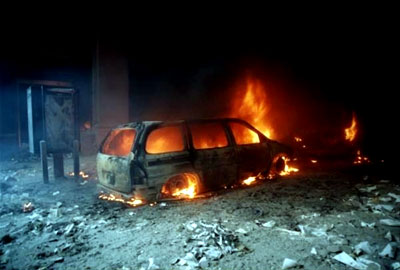 A burning vehicle at Ground Zero