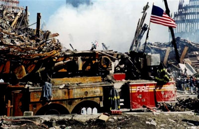 A destroyed fire truck at Ground Zero
